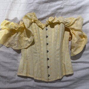 Yellow Embroidered Anglaise Cotton Corset Top | Frilled Sleeve | US 4